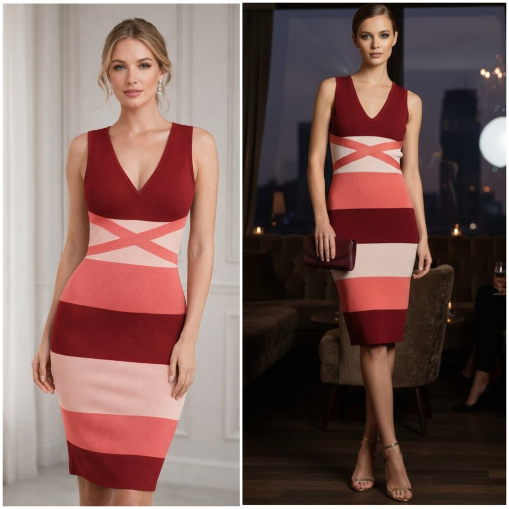 BeBe Bandage Dress Bodycon Knit Colorblock size XS Y2K Cocktail Party Casual
